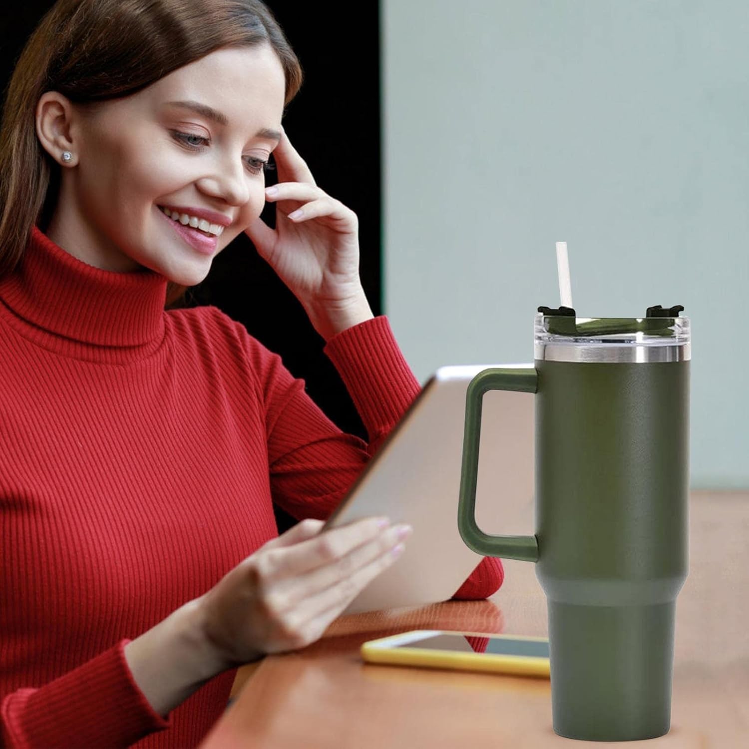 Cana Termos din Plastic, pentru Bauturi Calde si Reci, cu Maner, 9.9x9.9x27 cm, Verde Army [4]