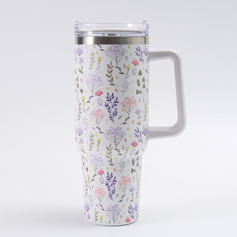 Cana Termos din Plastic, pentru Bauturi Calde si Reci, cu Maner, Imprimeu Floral, Alb, 10x7.6x27.5 cm [5]