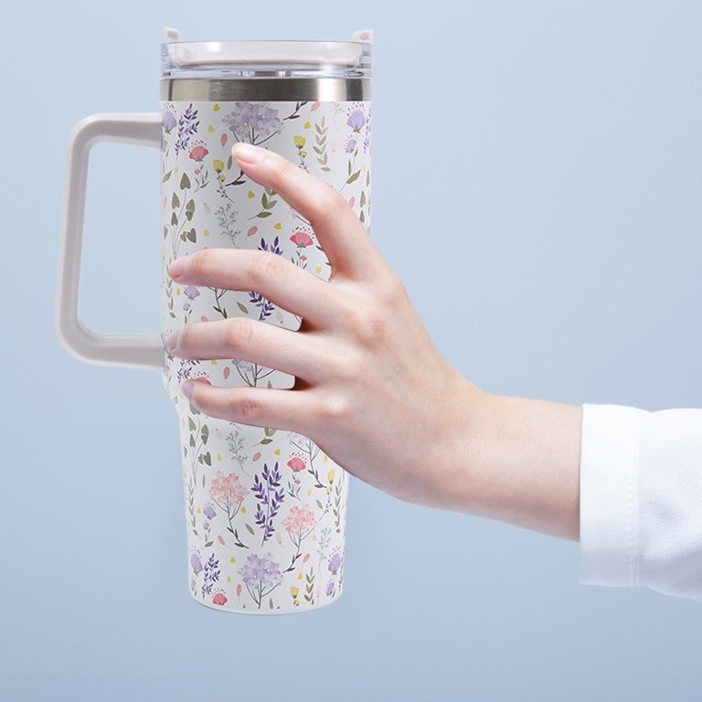 Cana Termos din Plastic, pentru Bauturi Calde si Reci, cu Maner, Imprimeu Floral, Alb, 10x7.6x27.5 cm [3]