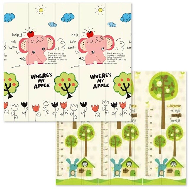 Covorase de joaca - Covoras pentru Copii, cu 2 Fete, Model Elefantei/Padure, din XPE+PE, Impermeabil, Antiderapant, Protectie Termica, +3 Luni, Pliabil, 180 x 200 x 1.5 cm, Multicolor