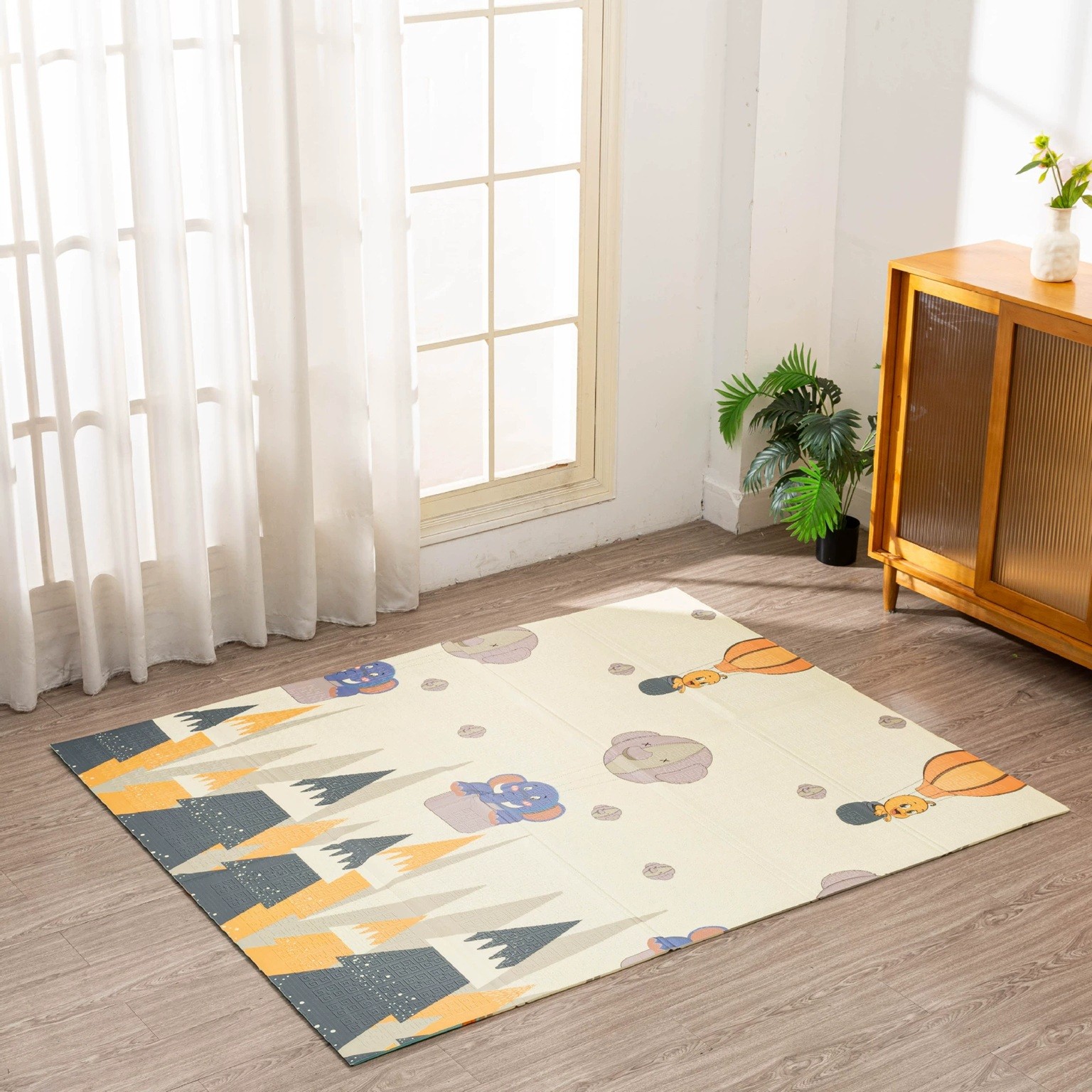 Covoras pentru Copii, cu 2 Fete, Model Padure/Elefanti, din XPE+PE, Impermeabil, Antiderapant, Protectie Termica, +3 Luni, Pliabil, 180 x 200 x 1.5 cm, Multicolor [3]