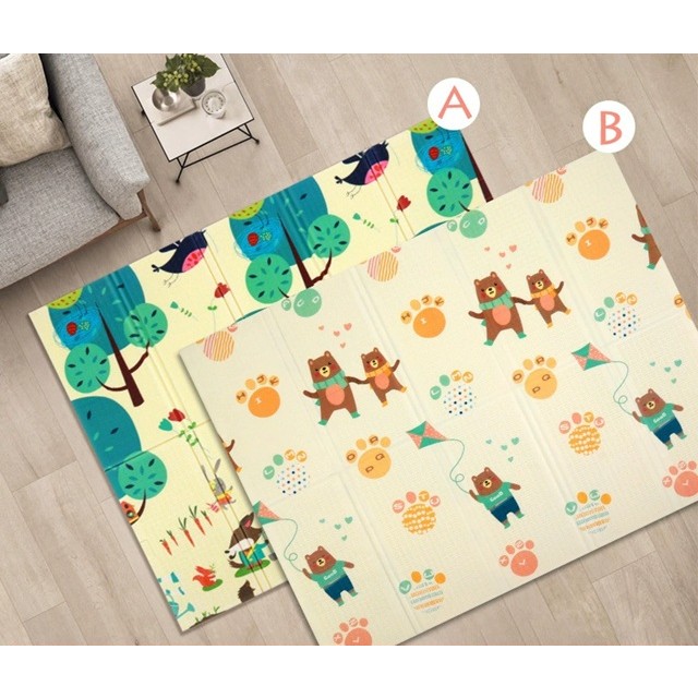 Covoras pentru Copii, cu 2 Fete, Model Zmeu/Ursi, din XPE+PE, Impermeabil, Antiderapant, Protectie Termica, +3 Luni, Pliabil, 180 x 200 x 1.5 cm, Multicolor [2]