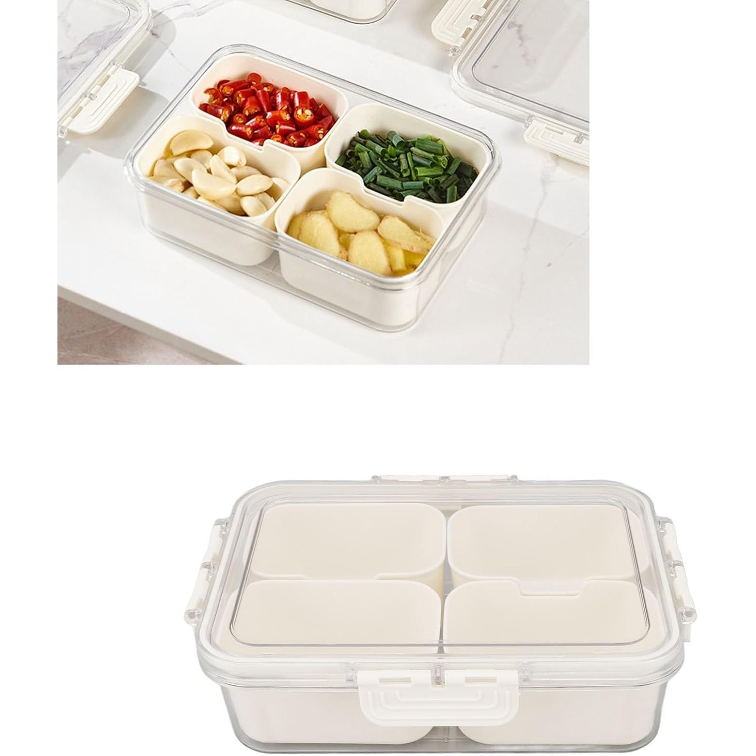 Cutie Alimentara Multifunctionala, pentru Condimente, Gustari, Inchidere Etans, cu Capac si Maner, 4 Compartimente, 25 x 8 x 18 cm, Alb [1]