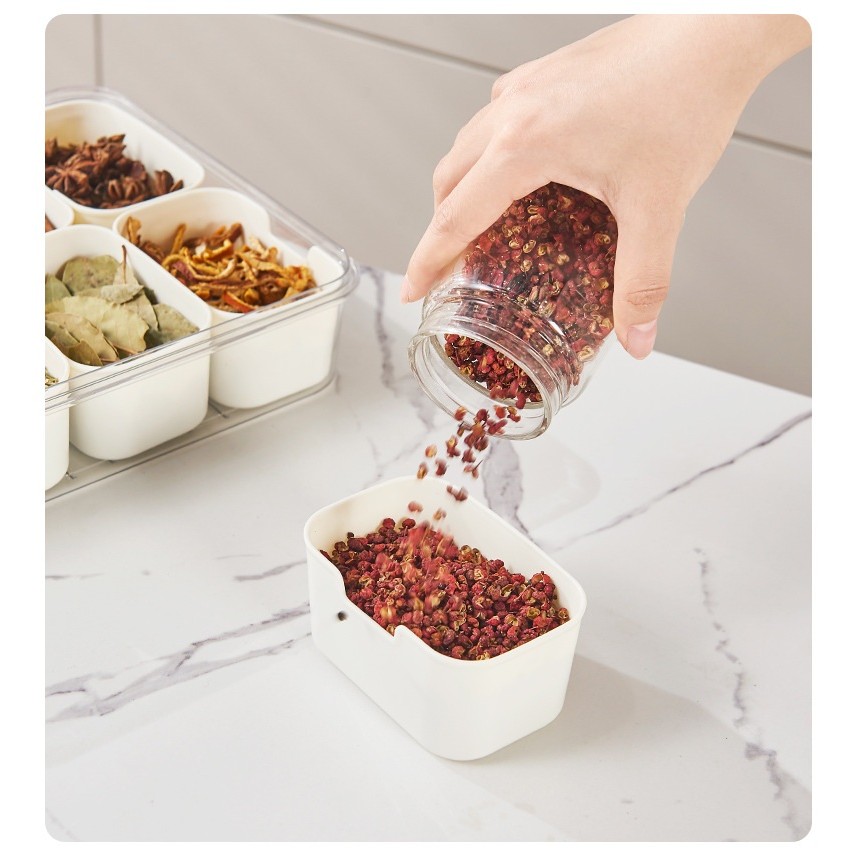 Cutie Alimentara Multifunctionala, pentru Condimente, Gustari, Inchidere Etans, cu Capac si Maner, 4 Compartimente, 25 x 8 x 18 cm, Alb [4]
