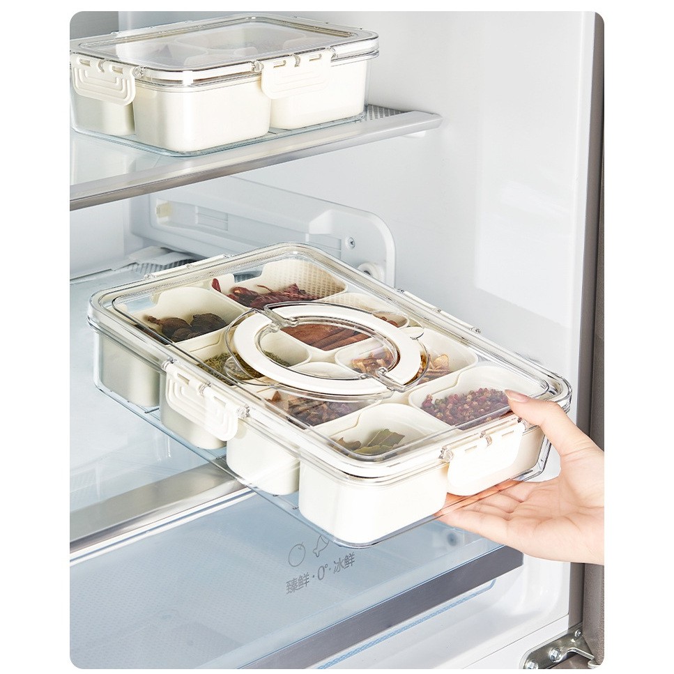 Cutie Alimentara Multifunctionala, pentru Condimente, Gustari, Inchidere Etans, cu Capac si Maner, 8 Compartimente, 32 x 8 x 25 cm, Alb [4]