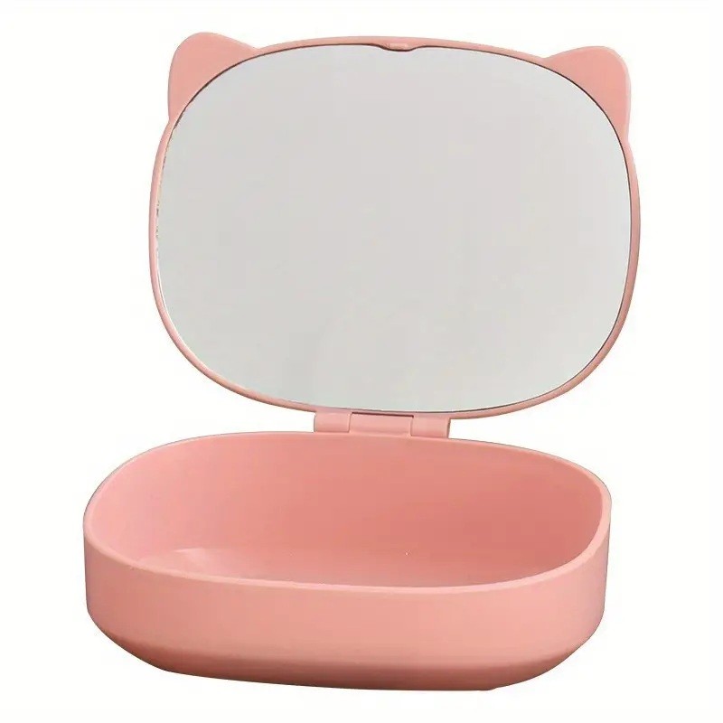 Organizatoare - Cutie Organizatoare cu Oglinda, 4 Compartimente, pentru Cosmetice si Accesorii, din ABS, 17x13x6 cm, Roz
