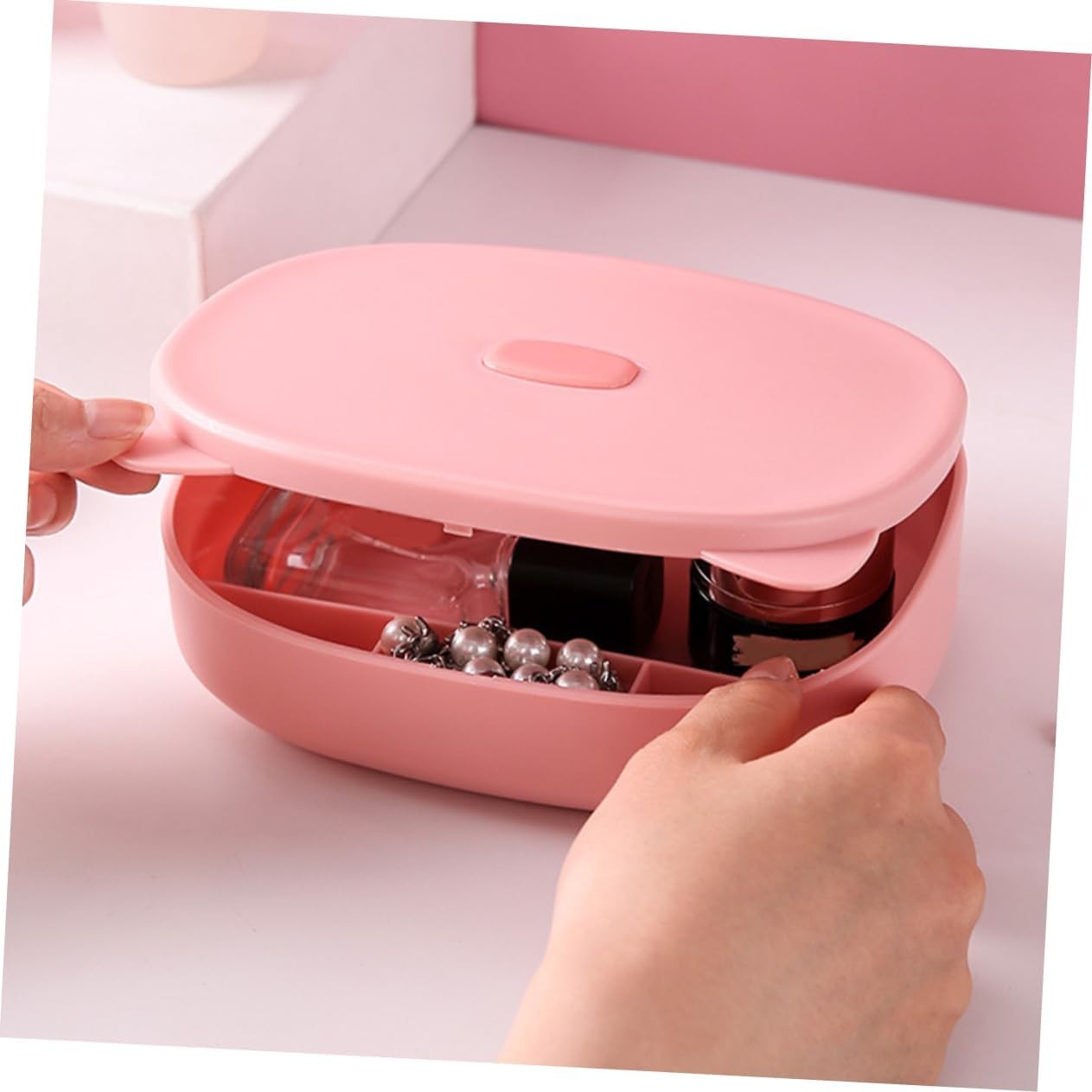 Cutie Organizatoare cu Oglinda, 4 Compartimente, pentru Cosmetice si Accesorii, din ABS, 17x13x6 cm, Roz [5]