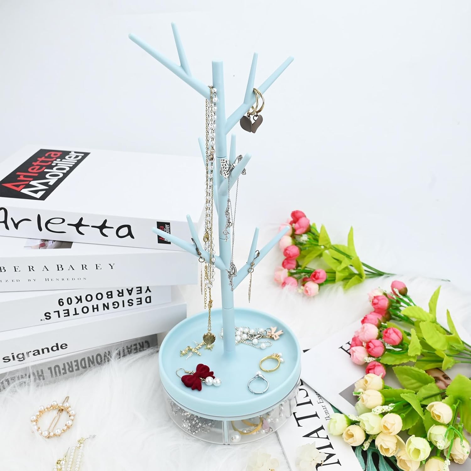 Cutie de Bijuterii, Rotativa, cu Suport Tip Ramura, 36.5 x 14 cm, din ABS+PP, Albastru [5]