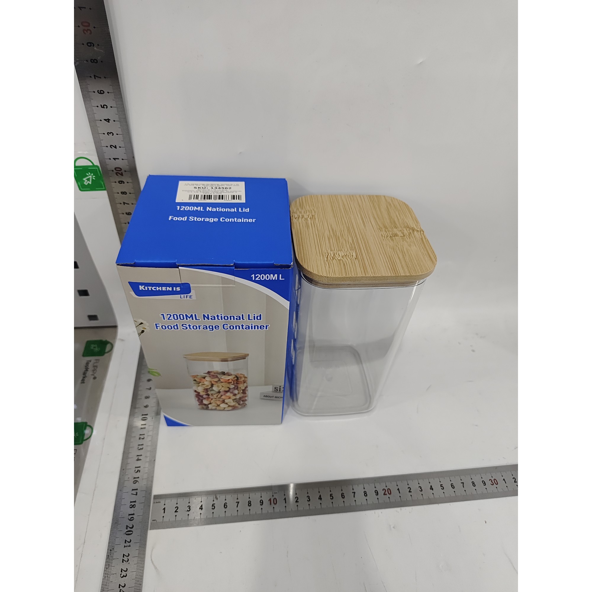 Cutie de Depozitare Alimente, Cutie de tip Container, Cutie pentru Cereale, din Plastic, Capac din Bambuc, 10 x 10 x 19 cm, Volum 1.2l, Transparent [4]