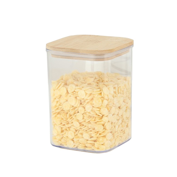 Organizatoare si Depozitare Bucatarie - Cutie de Depozitare Alimente, Cutie de tip Container, Cutie pentru Cereale, din Plastic, Capac din Bambuc, 10 x 10 x 14 cm, Volum 0.8 L, Transparent