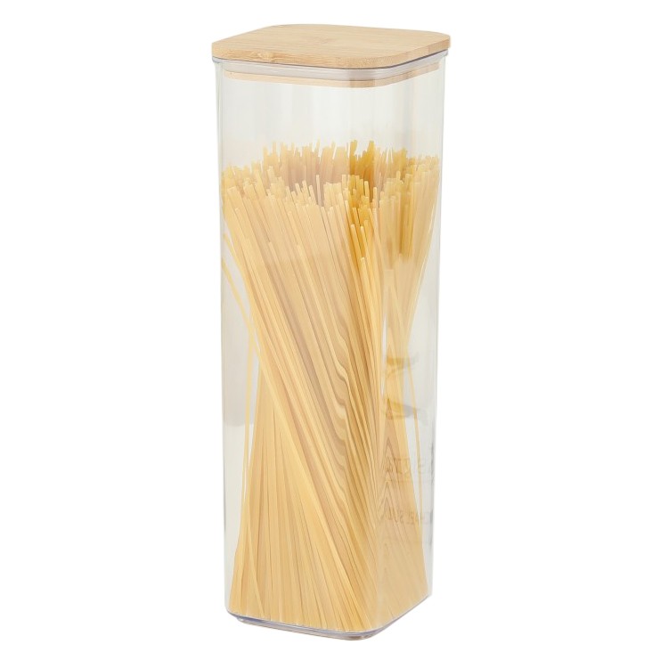 Organizatoare si Depozitare Bucatarie - Cutie de Depozitare Alimente, Cutie de tip Container, Cutie pentru Cereale, din Plastic, Capac din Bambuc, 10 x 10 x 30 cm, Volum 1.9 l, Transparent