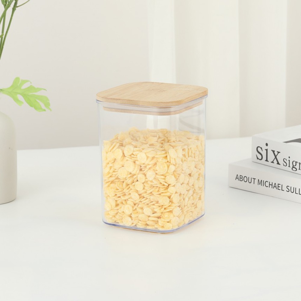 Cutie de Depozitare Alimente, Cutie de tip Container, Cutie pentru Cereale, din Plastic, Capac din Bambuc, 10 x 10 x 14 cm, Volum 0.8 L, Transparent [1]