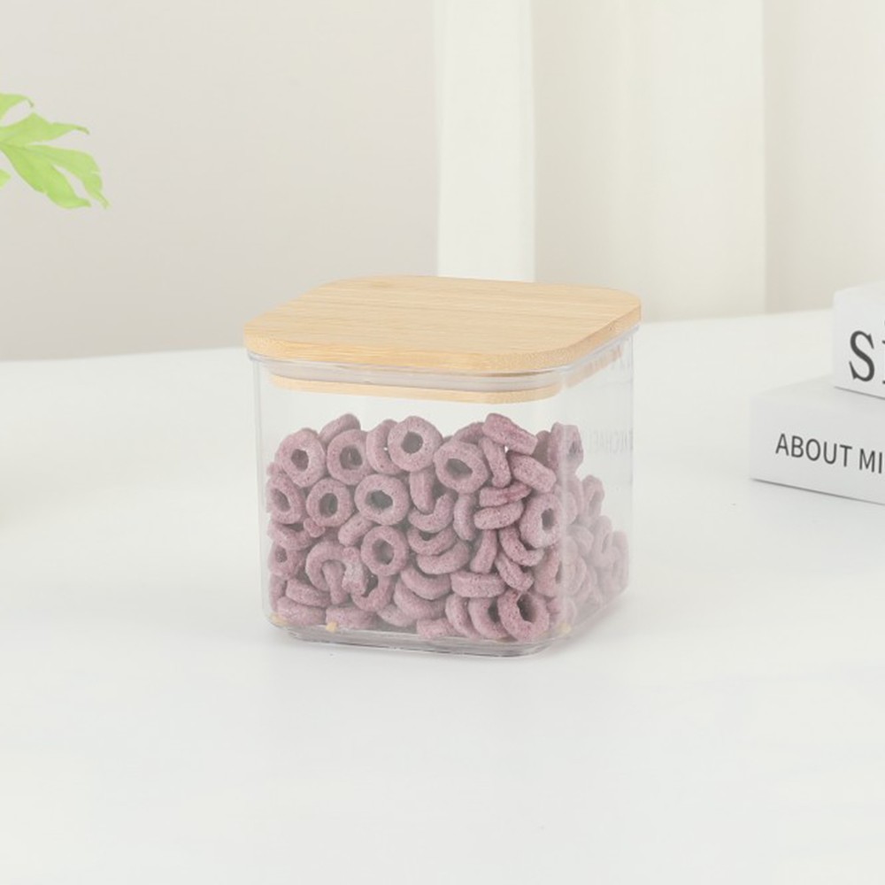 Cutie de Depozitare Alimente, Cutie de tip Container, Cutie pentru Cereale, din Plastic, Capac din Bambuc, 10 x 10 x 8 cm, Volum 0.5 L, Transparenta [1]