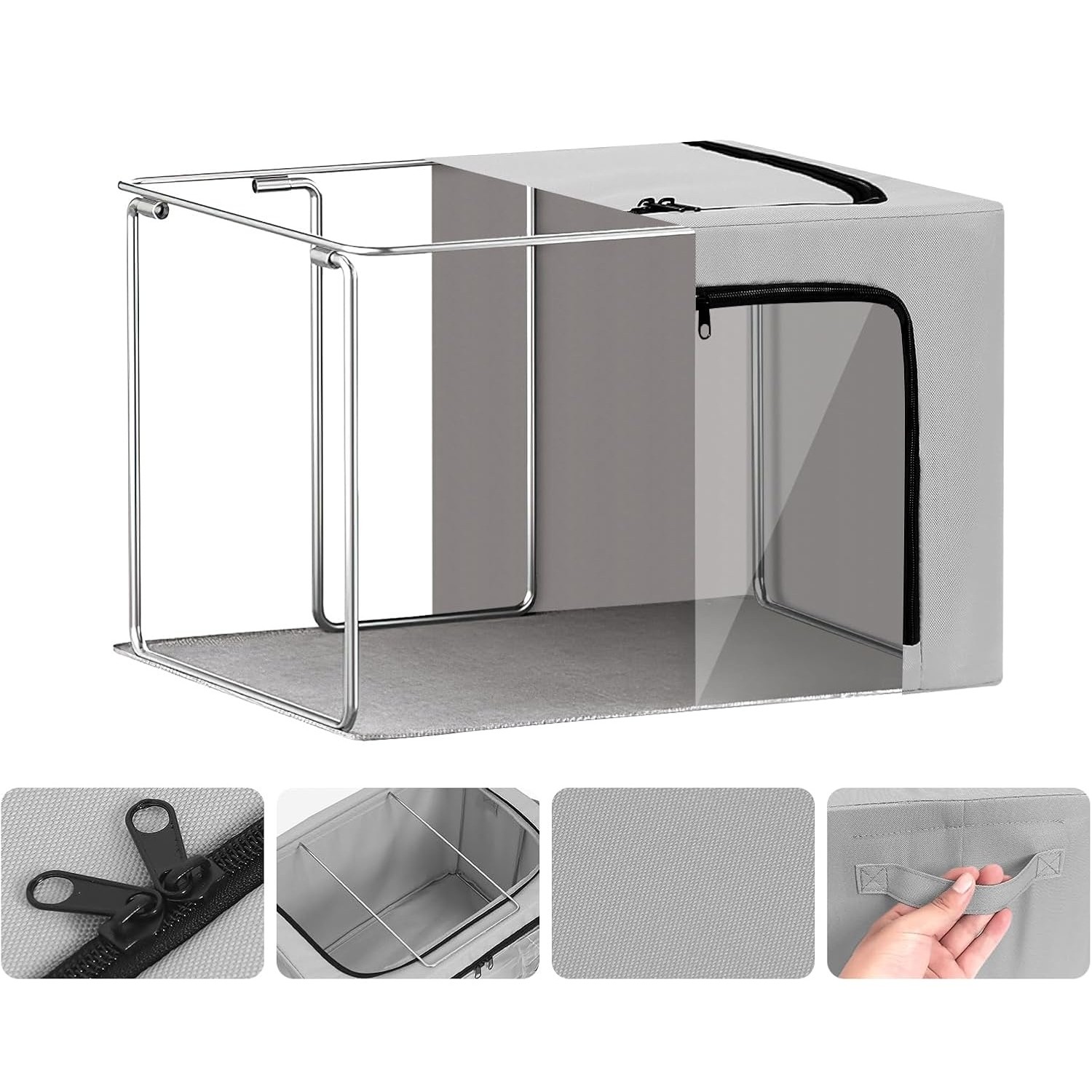 Cutie de Depozitare, cu 3 Ferestre cu Fermoar Bidirectional, Cadru din Otel, Impermeabil, 38L, 42 x 30 x 30 cm, Gri [3]