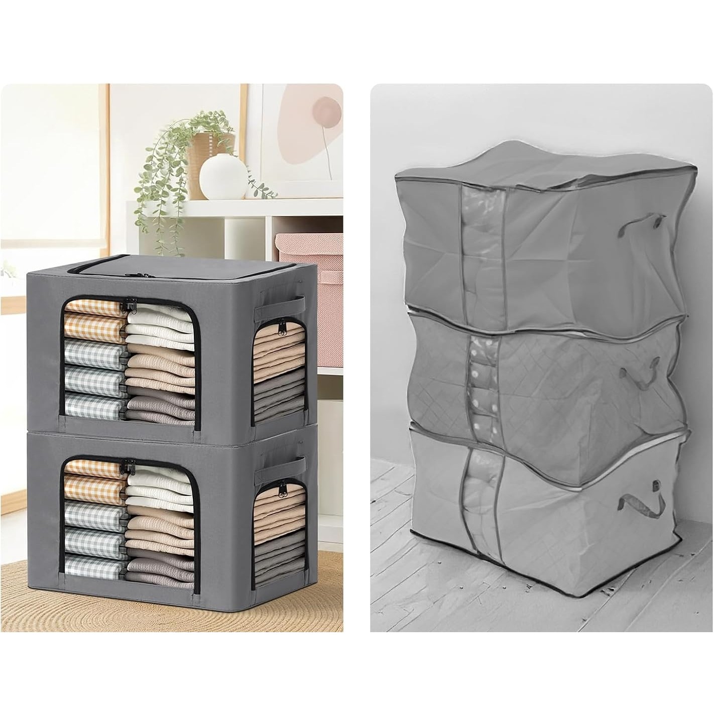 Cutie de Depozitare, cu 3 Ferestre cu Fermoar Bidirectional, Cadru din Otel, Impermeabil, 38L, 42 x 30 x 30 cm, Gri Inchis [1]