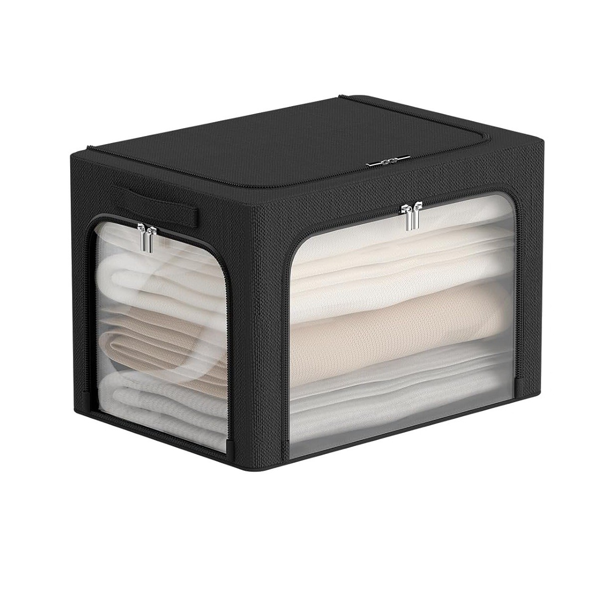 Cutii depozitare - Cutie de Depozitare, cu 3 Ferestre cu Fermoar Bidirectional, Cadru din Otel, Impermeabil, 38L, 42 x 30 x 30 cm, Negru