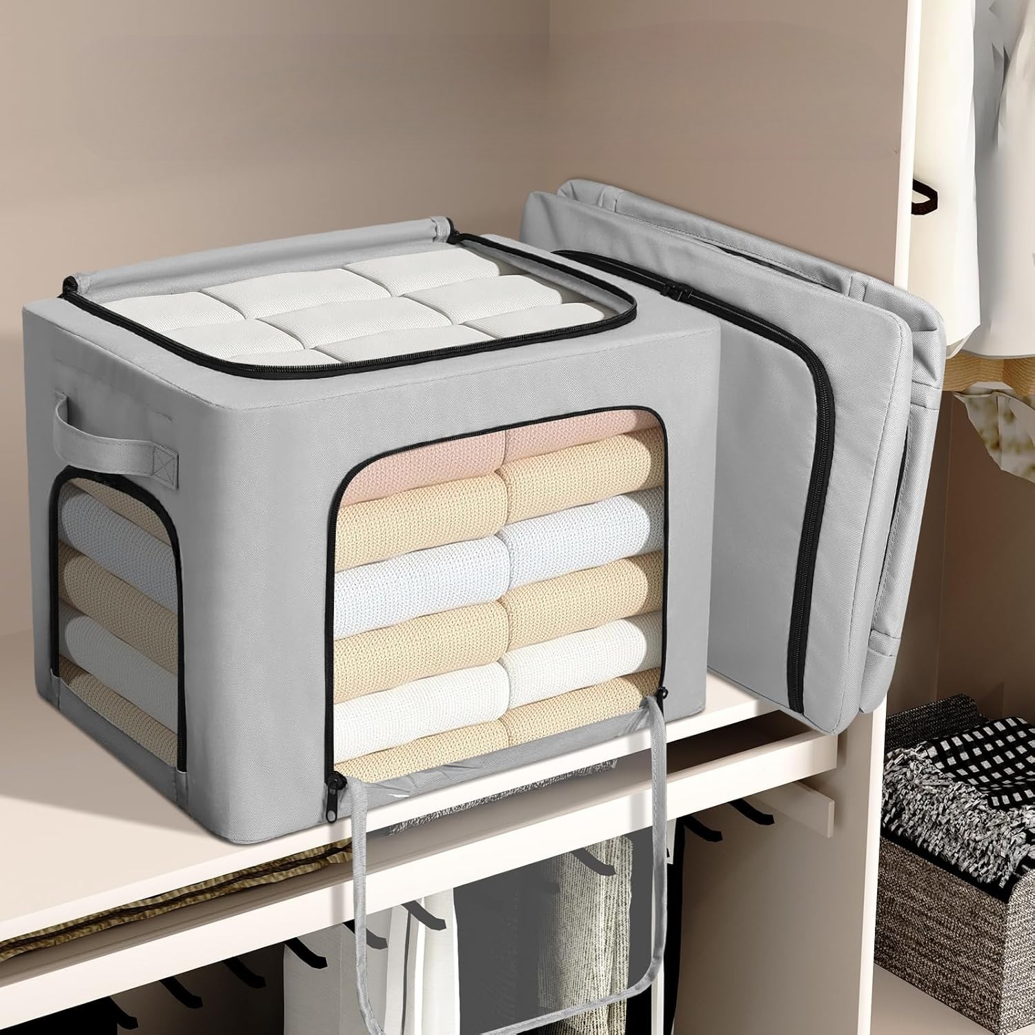 Cutie de Depozitare, cu 3 Ferestre cu Fermoar Bidirectional, Cadru din Otel, Impermeabil, 38L, 42 x 30 x 30 cm, Gri [2]