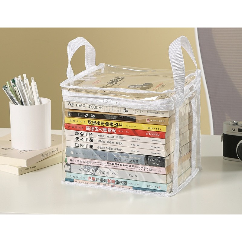 Cutie de Depozitare, din PVC+Textil, Rezistenta la Apa, Geanta pentru Carti, 23x17x28 cm, Transparent-Alb [4]