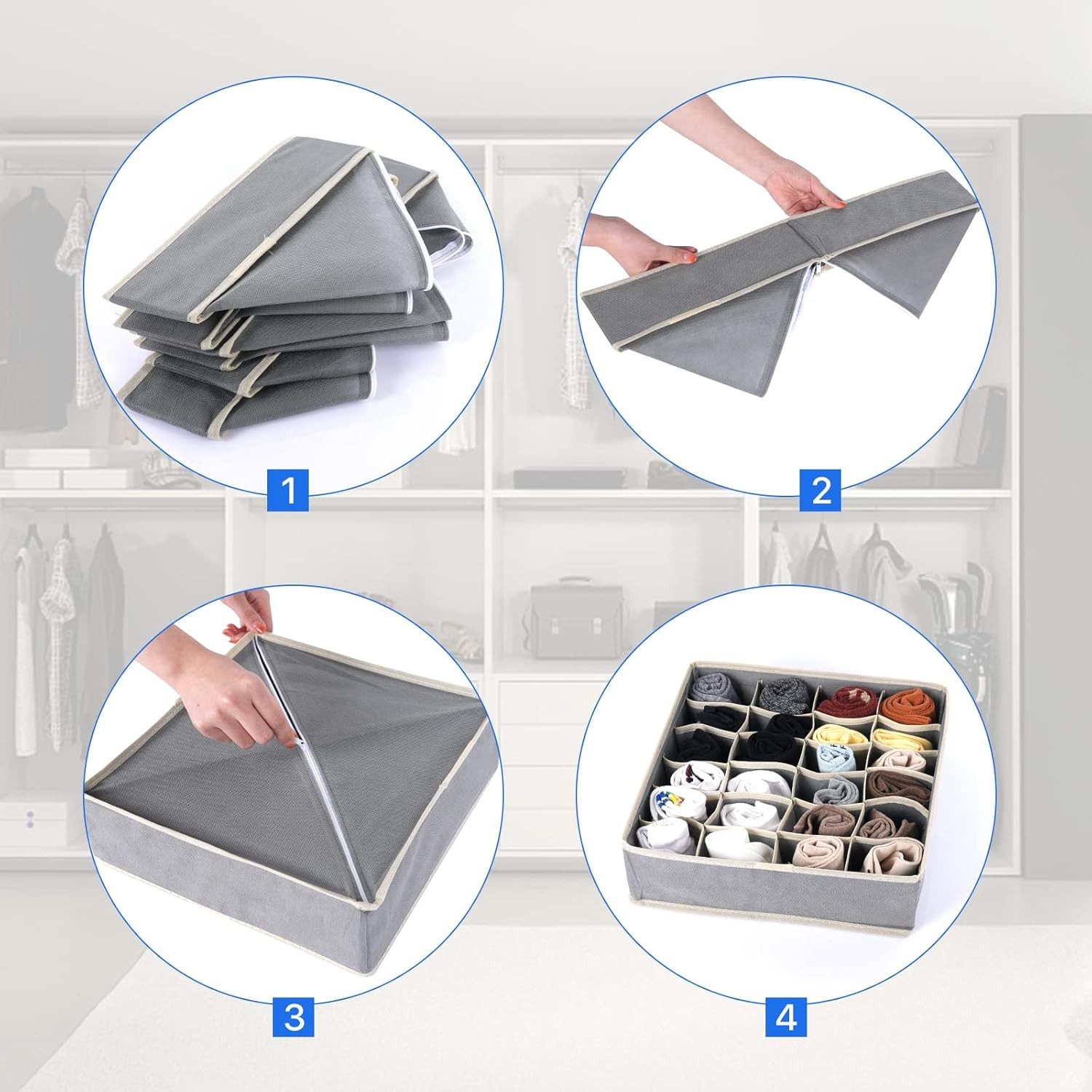 Cutie De Depozitare, Pentru Lenjerie, Sosete Si Sutiene, Material Textil, 6 Compartimente, 32 x 16 x 10 cm, Culoare Gri [4]