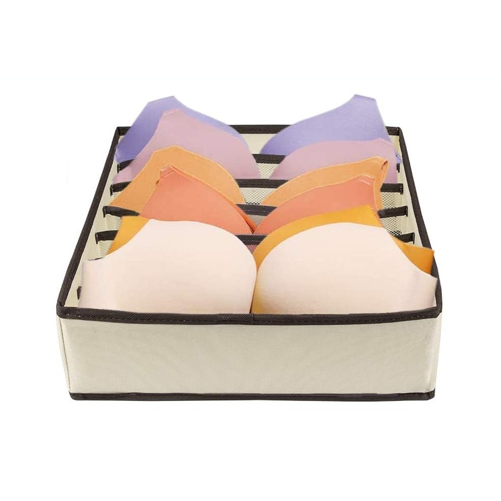 Cutie De Depozitare, Pentru Lenjerie, Sosete Si Sutiene, Material Textil, 7 Compartimente, 32 x 32 x 10 cm, Culoare Bej [2]