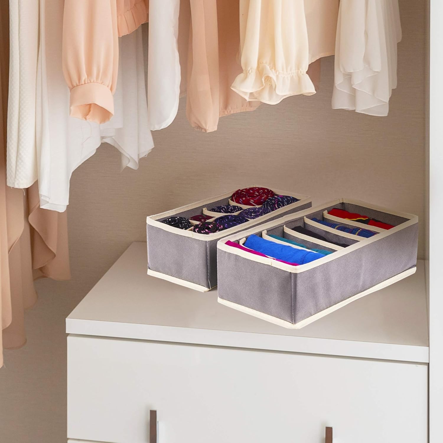 Cutie De Depozitare, Pentru Lenjerie, Sosete Si Sutiene, Material Textil, 6 Compartimente, 32 x 16 x 10 cm, Culoare Gri [5]