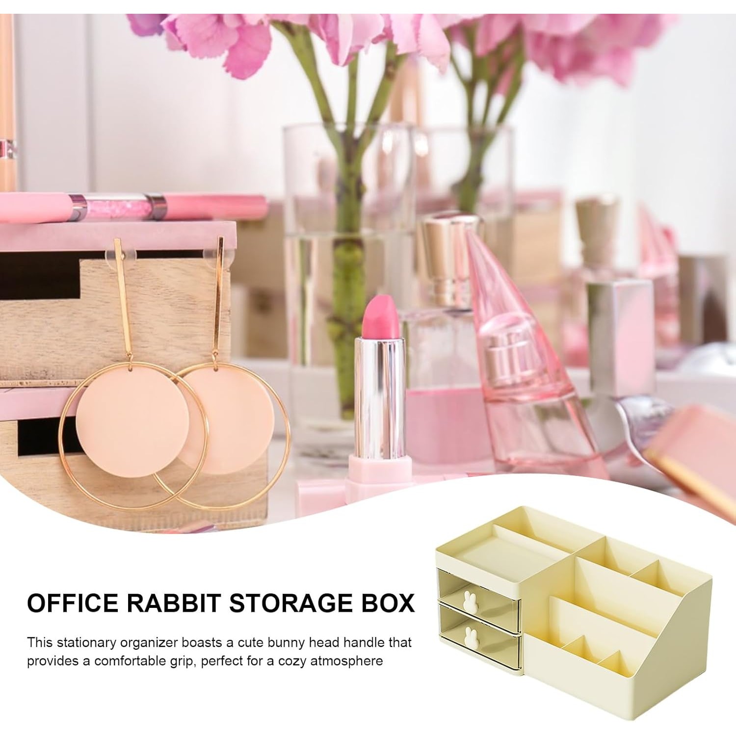 Cutie de Depozitare pentru Birou, Pentru Makeup, Papetarie, Organizator Cosmetice, 2 Sertare si Compartimente Multiple, Model Iepuras, Plastic, 27.5x15.5x12 cm, Crem [4]