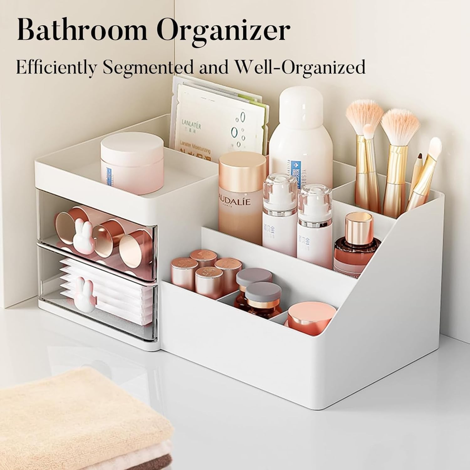 Cutie de Depozitare pentru Birou, Pentru Makeup, Papetarie, Organizator Cosmetice, 2 Sertare si Compartimente Multiple, Model Iepuras, Plastic, 27.5x15.5x12 cm, Alb [5]