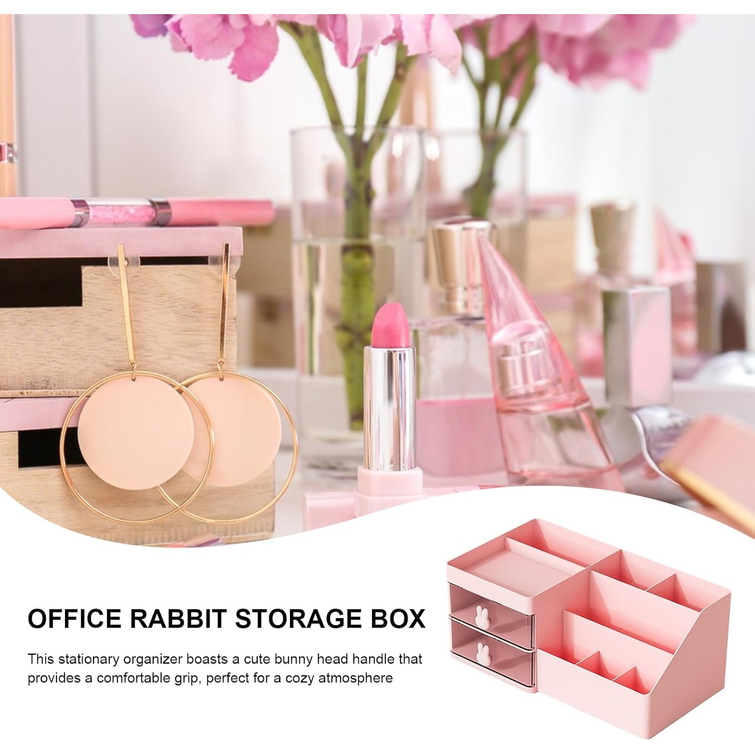 Cutie de Depozitare pentru Birou, Pentru Makeup, Papetarie, Organizator Cosmetice, 2 Sertare si Compartimente Multiple, Model Iepuras, Plastic, 27.5x15.5x12 cm, Roz [3]