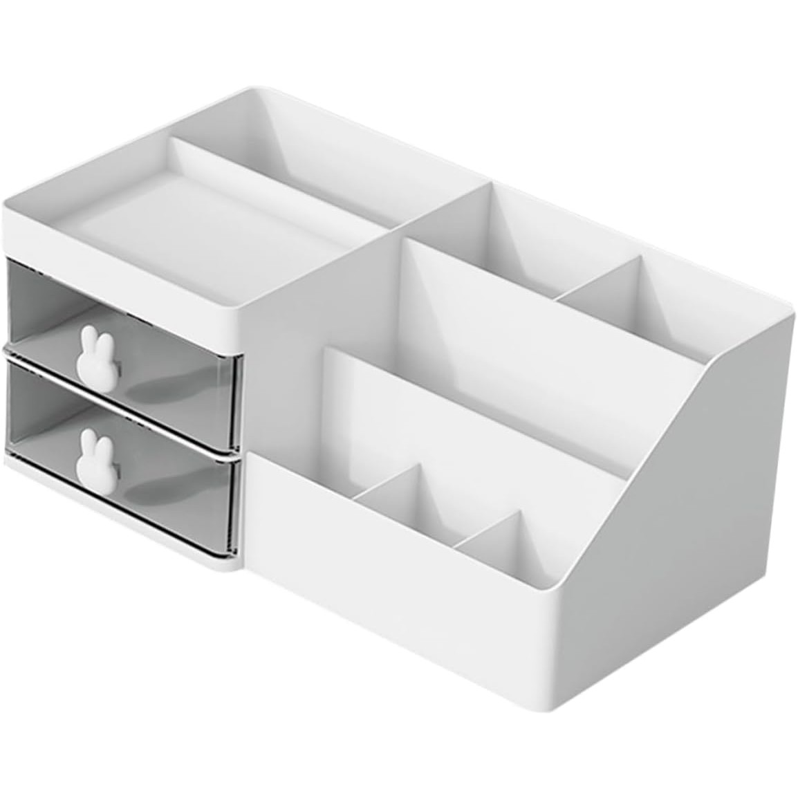 Accesorii Birou si Consumabile - Cutie de Depozitare pentru Birou, Pentru Makeup, Papetarie, Organizator Cosmetice, 2 Sertare si Compartimente Multiple, Model Iepuras, Plastic, 27.5x15.5x12 cm, Alb