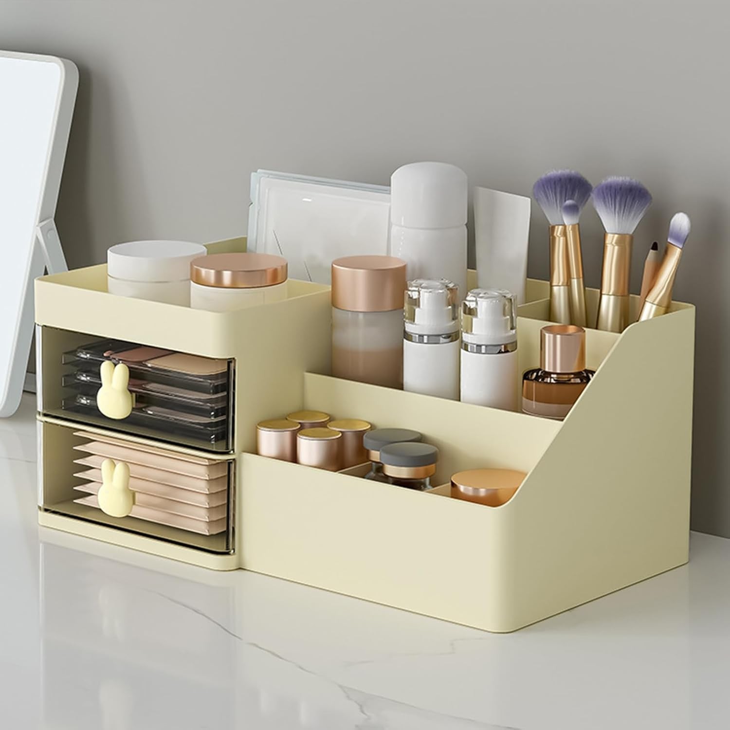 Cutie de Depozitare pentru Birou, Pentru Makeup, Papetarie, Organizator Cosmetice, 2 Sertare si Compartimente Multiple, Model Iepuras, Plastic, 27.5x15.5x12 cm, Crem [3]