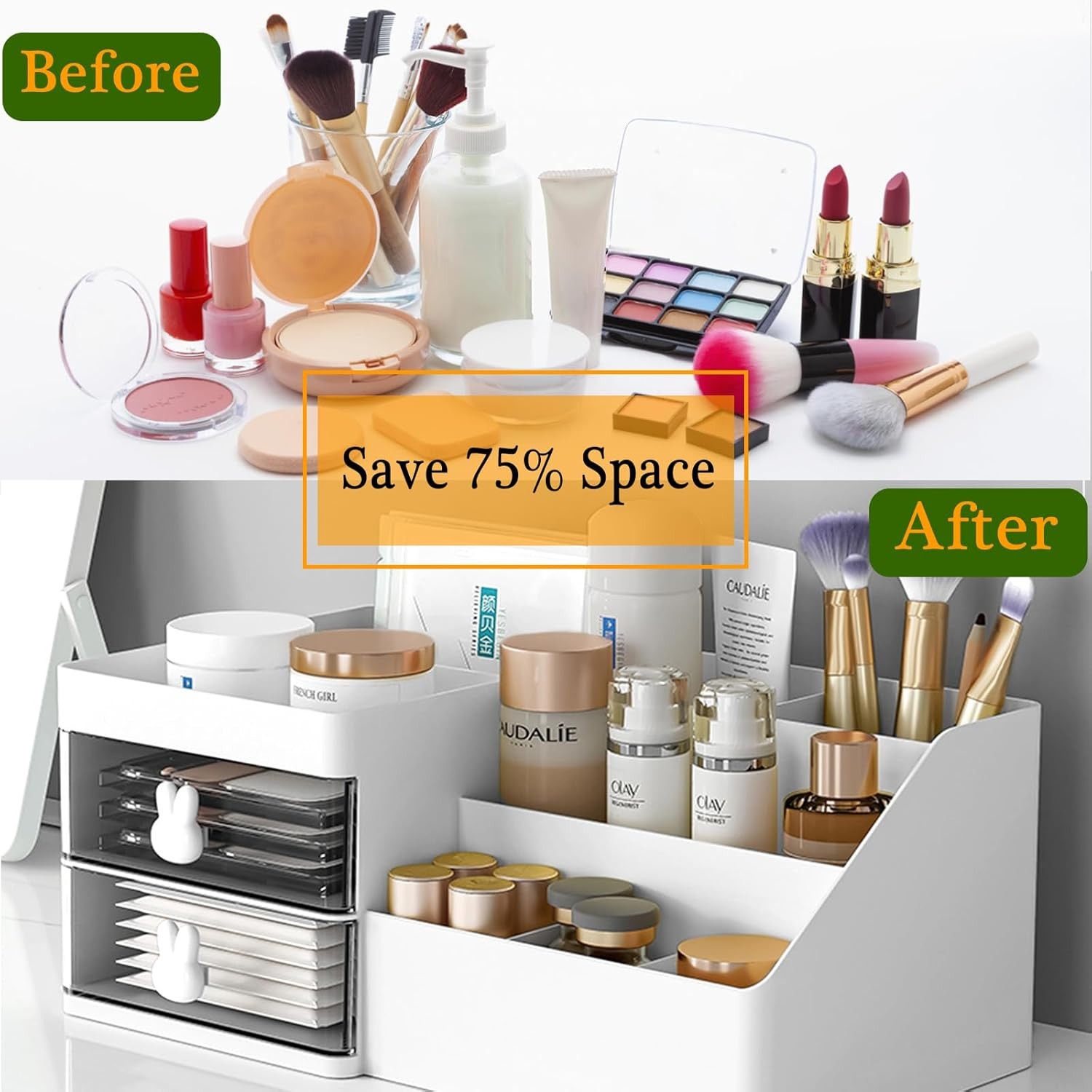 Cutie de Depozitare pentru Birou, Pentru Makeup, Papetarie, Organizator Cosmetice, 2 Sertare si Compartimente Multiple, Model Iepuras, Plastic, 27.5x15.5x12 cm, Alb [8]