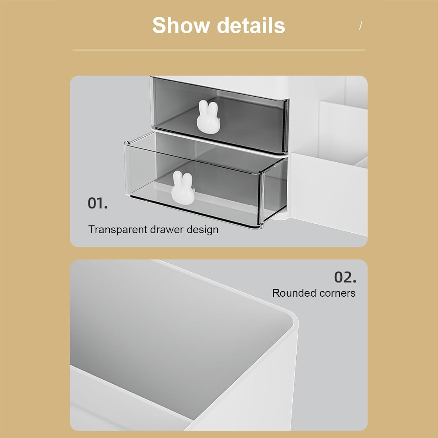 Cutie de Depozitare pentru Birou, Pentru Makeup, Papetarie, Organizator Cosmetice, 2 Sertare si Compartimente Multiple, Model Iepuras, Plastic, 27.5x15.5x12 cm, Alb [2]