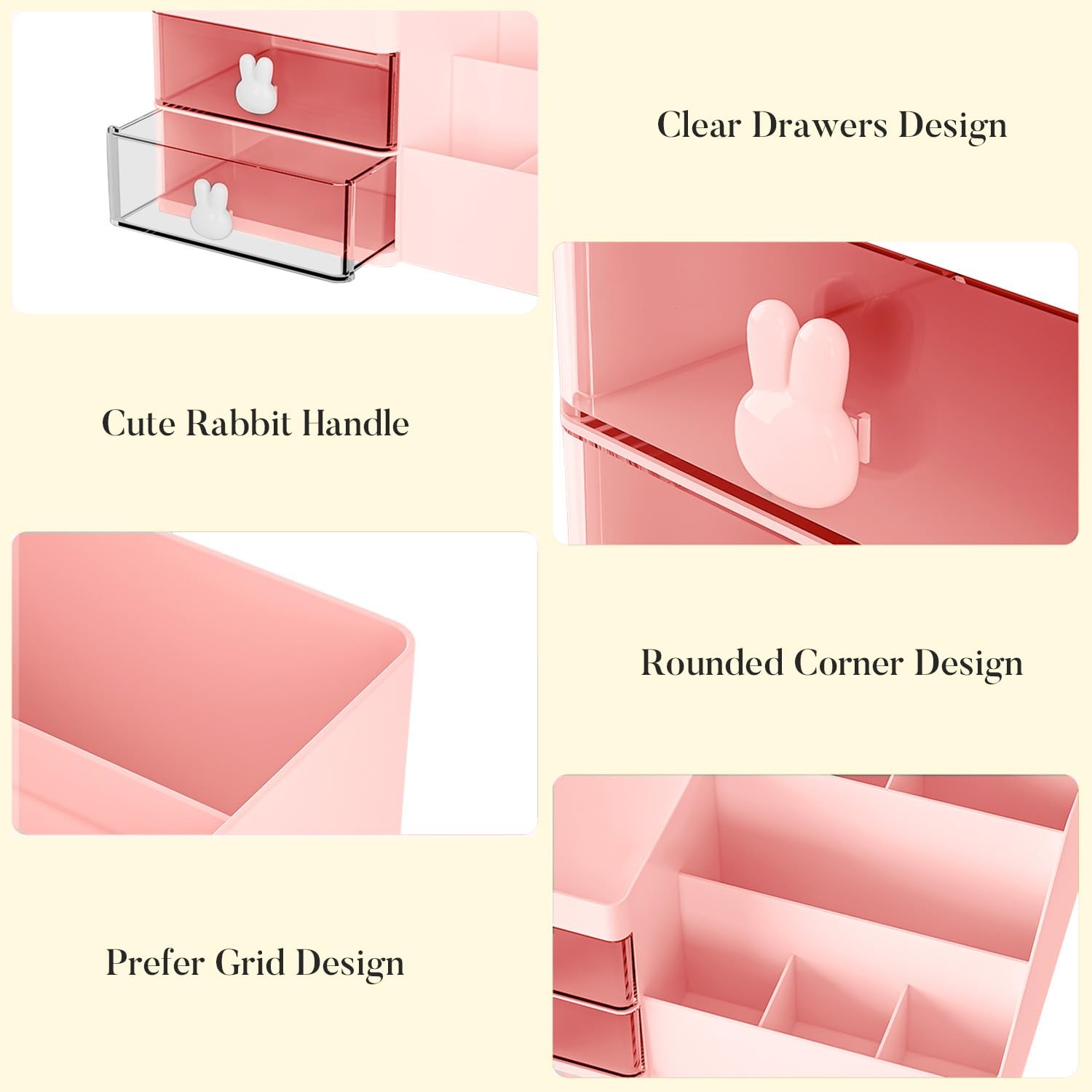 Cutie de Depozitare pentru Birou, Pentru Makeup, Papetarie, Organizator Cosmetice, 2 Sertare si Compartimente Multiple, Model Iepuras, Plastic, 27.5x15.5x12 cm, Roz [8]