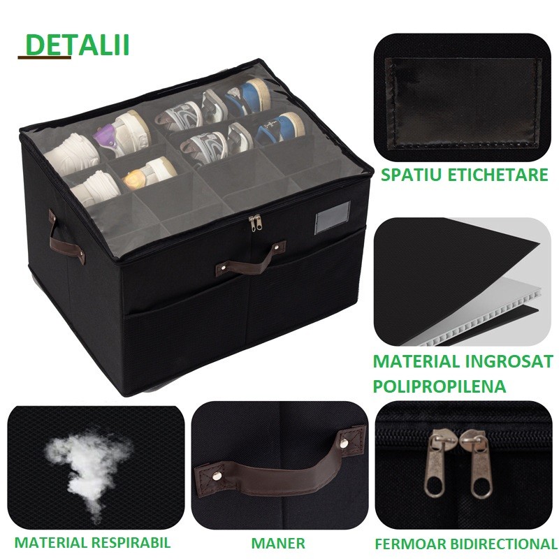 Cutie de Depozitare pentru Pantofi, 53x42x33 cm, cu Capac Transparent si Fermoar, din Panza Oxford, Pliabila, Negru [4]