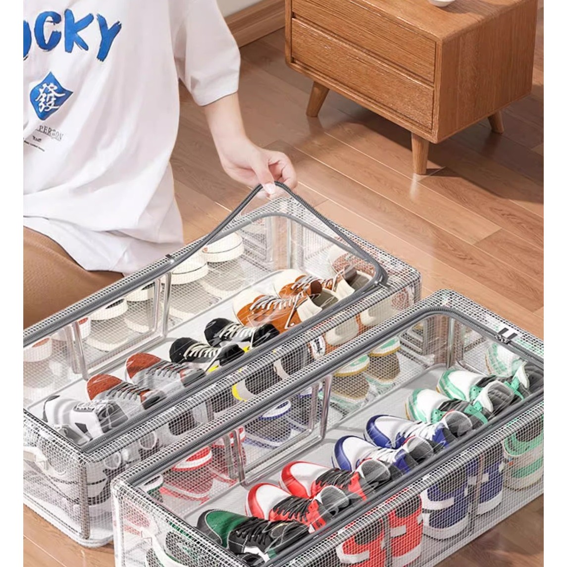 Cutie de Depozitare pentru Pantofi, 60*30*21CM , din Plasa PVC Impermeabila si Cadru de Otel, Pliabila, Fermoar Bidirectional, Transparenta [4]