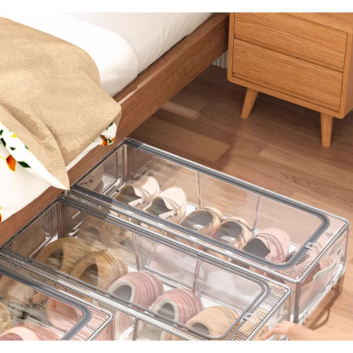 Cutie de Depozitare pentru Pantofi, 60*30*21CM , din Plasa PVC Impermeabila si Cadru de Otel, Pliabila, Fermoar Bidirectional, Transparenta [2]