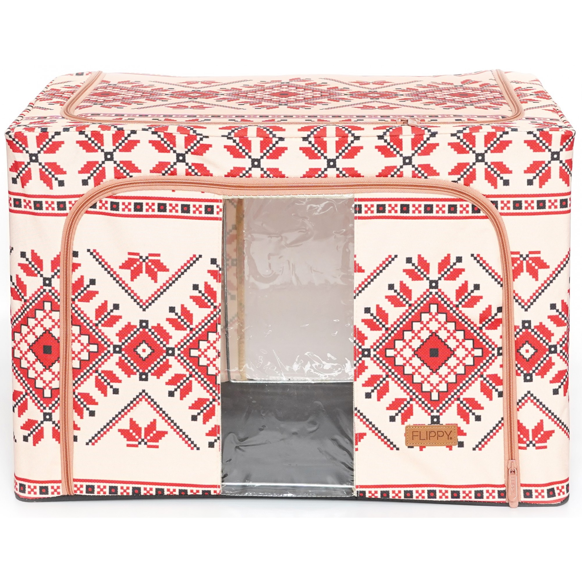 Articole pentru Casa si Curatenie - Cutie de Depozitare Pliabila,100 L din Bumbac si In, 60X42X40 cm, Fereastra Frontala, 2 Usi de Acces cu Fermoar Bidirectional, Cadru Metalic, Suport Baza Stabil din Plastic, Motiv Traditional Model 2