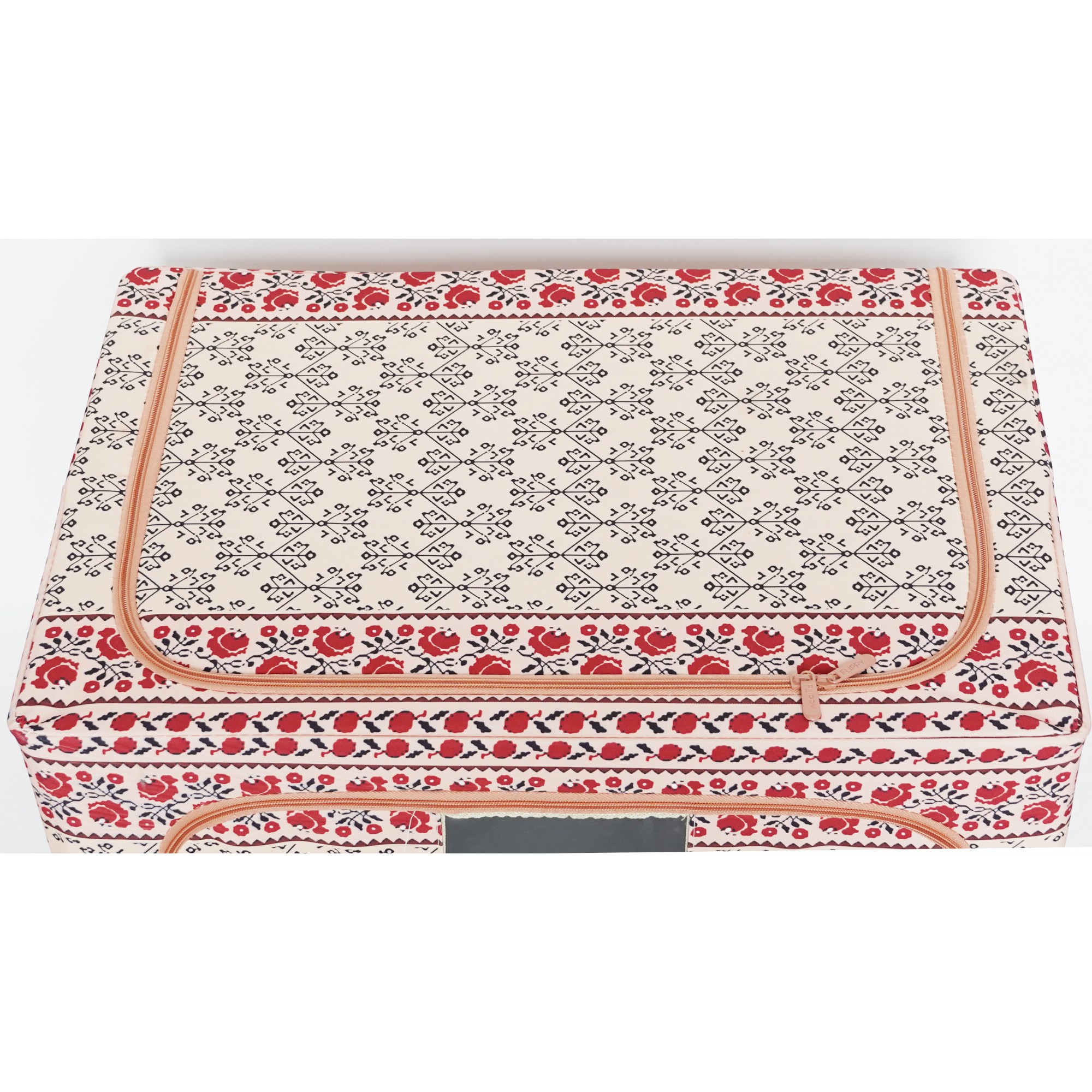 Cutie de Depozitare Pliabila,100 L din Bumbac si In, 60X42X40 cm, Fereastra Frontala, 2 Usi de Acces cu Fermoar Bidirectional, Cadru Metalic, Suport Baza Stabil din Plastic, Motiv Traditional Model 3 [2]