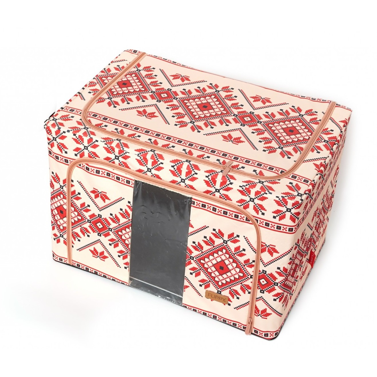 Cutie de Depozitare Pliabila,100 L din Bumbac si In, 60X42X40 cm, Fereastra Frontala, 2 Usi de Acces cu Fermoar Bidirectional, Cadru Metalic, Suport Baza Stabil din Plastic, Motiv Traditional Model 2 [7]