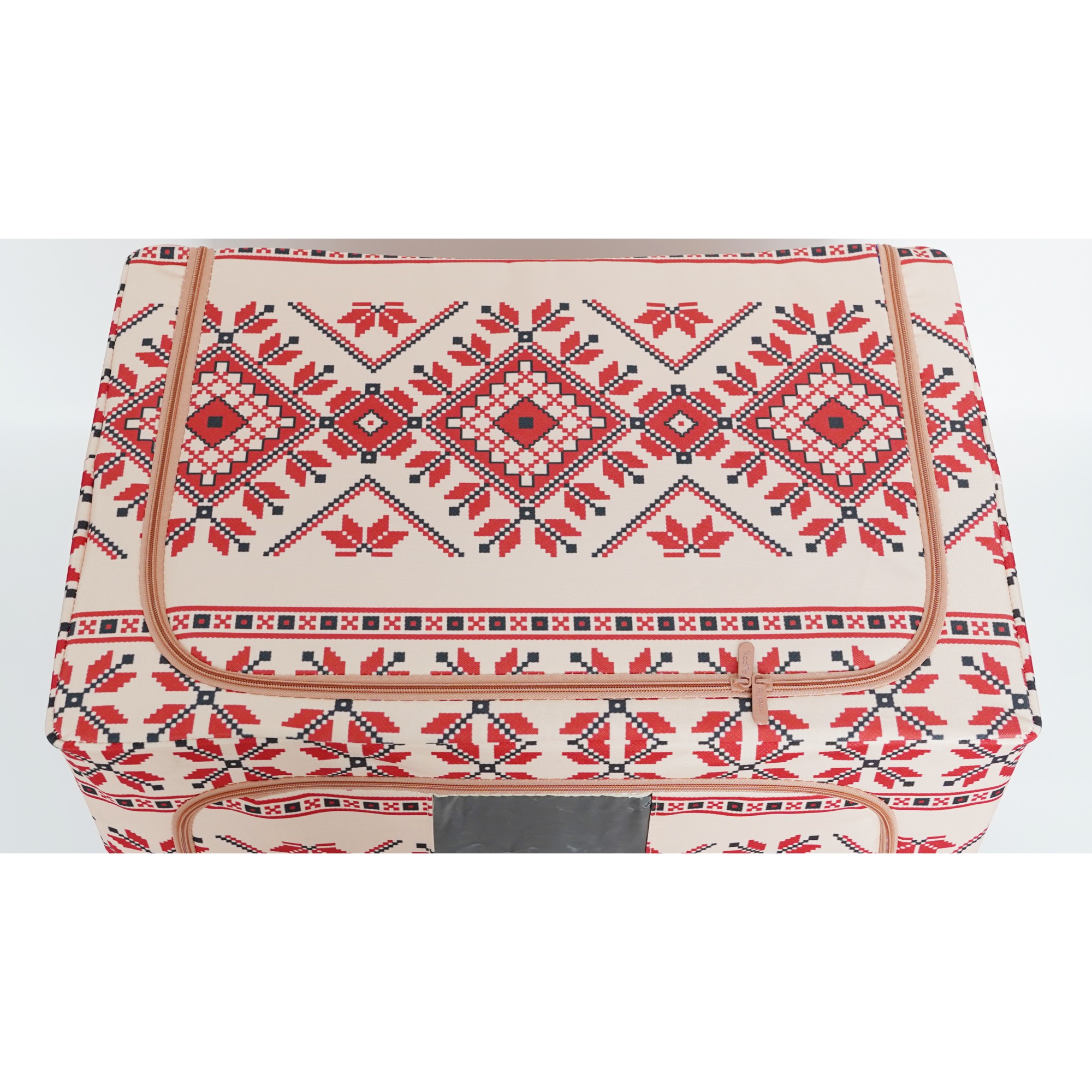 Cutie de Depozitare Pliabila,100 L din Bumbac si In, 60X42X40 cm, Fereastra Frontala, 2 Usi de Acces cu Fermoar Bidirectional, Cadru Metalic, Suport Baza Stabil din Plastic, Motiv Traditional Model 2 [1]