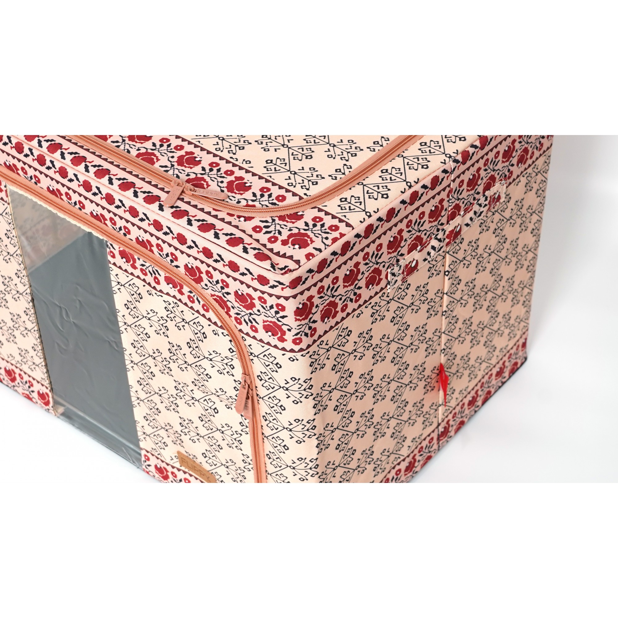 Cutie de Depozitare Pliabila,100 L din Bumbac si In, 60X42X40 cm, Fereastra Frontala, 2 Usi de Acces cu Fermoar Bidirectional, Cadru Metalic, Suport Baza Stabil din Plastic, Motiv Traditional Model 3 [4]