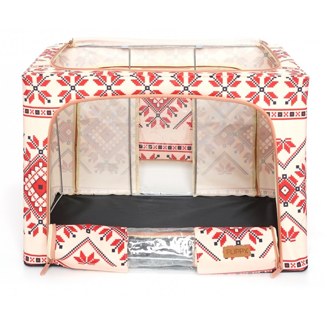 Cutie de Depozitare Pliabila,100 L din Bumbac si In, 60X42X40 cm, Fereastra Frontala, 2 Usi de Acces cu Fermoar Bidirectional, Cadru Metalic, Suport Baza Stabil din Plastic, Motiv Traditional Model 2 [4]