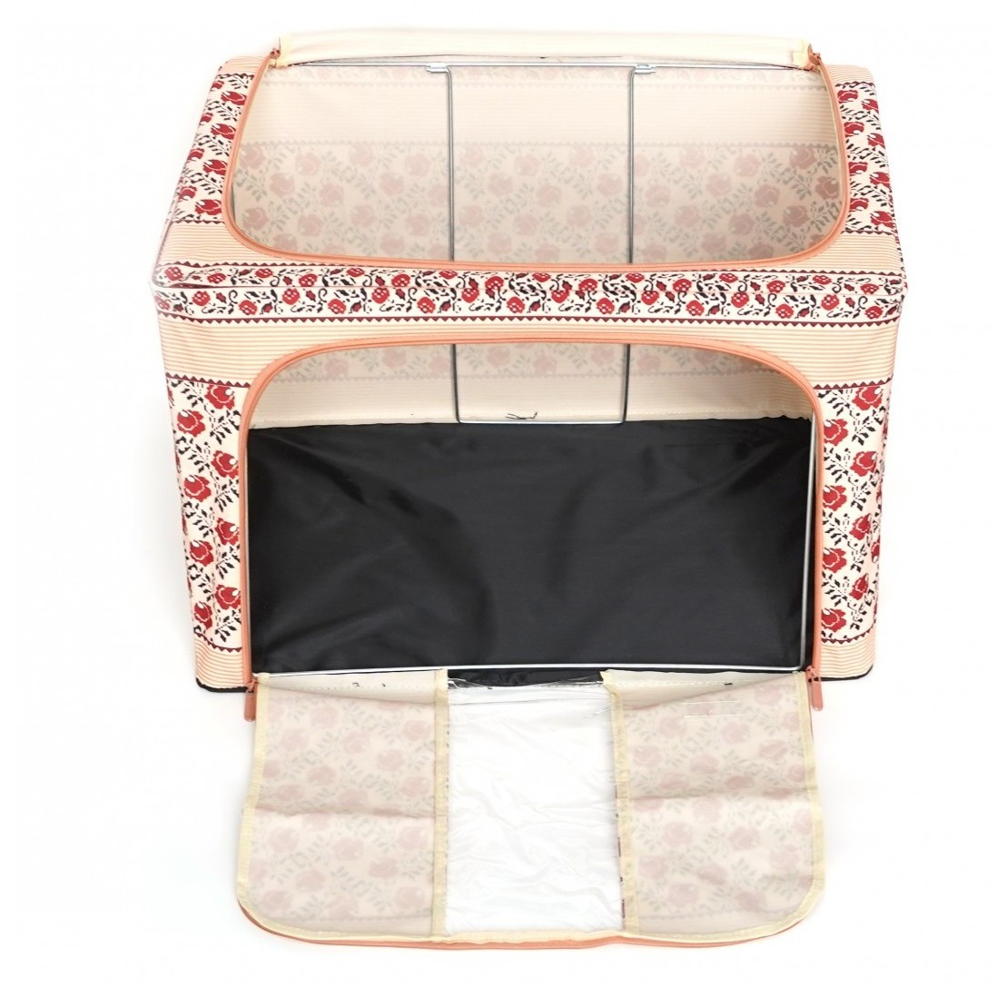 Cutie de Depozitare Pliabila, 66 L din Bumbac si In, 52 x 42 x 39 cm, Fereastra Frontala, 2 Usi de Acces cu Fermoar Bidirectional, Cadru Metalic, Suport Baza Stabil din Plastic, Motiv Traditional Model 7 [2]