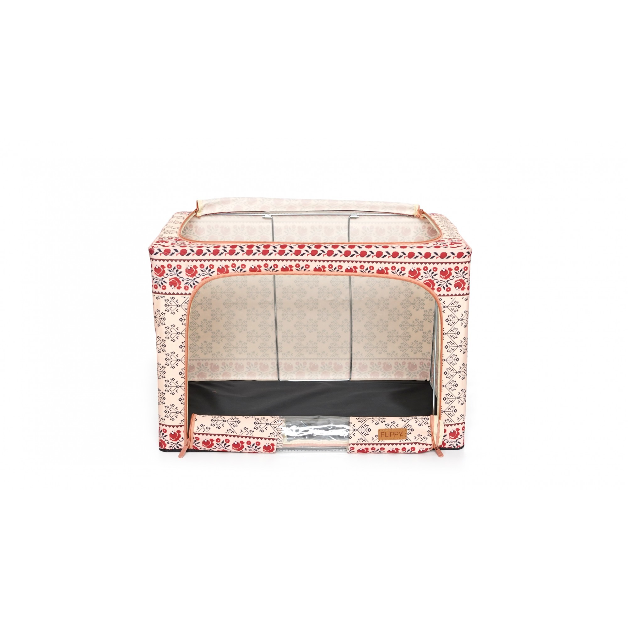 Cutie de Depozitare Pliabila, 66 L din Bumbac si In, 52 x 42 x 39 cm, Fereastra Frontala, 2 Usi de Acces cu Fermoar Bidirectional, Cadru Metalic, Suport Baza Stabil din Plastic, Motiv Traditional Model 6 [5]