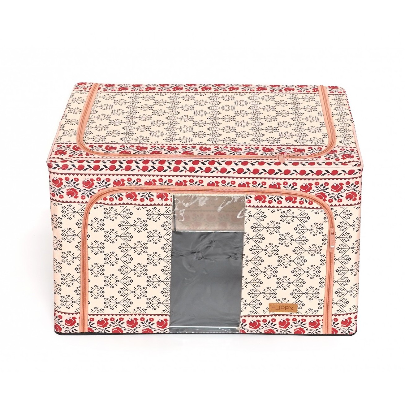 Cutie de Depozitare Pliabila, 66 L din Bumbac si In, 52 x 42 x 39 cm, Fereastra Frontala, 2 Usi de Acces cu Fermoar Bidirectional, Cadru Metalic, Suport Baza Stabil din Plastic, Motiv Traditional Model 6 [4]