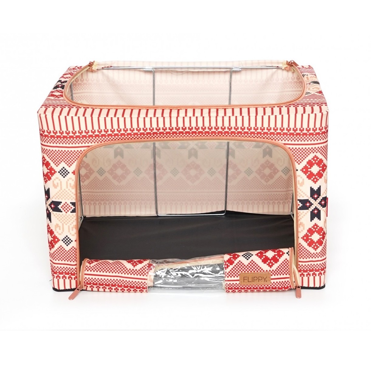 Cutie de Depozitare Pliabila, 66 L din Bumbac si In, 52 x 42 x 39 cm, Fereastra Frontala, 2 Usi de Acces cu Fermoar Bidirectional, Cadru Metalic, Suport Baza Stabil din Plastic, Motiv Traditional Model 5 [4]