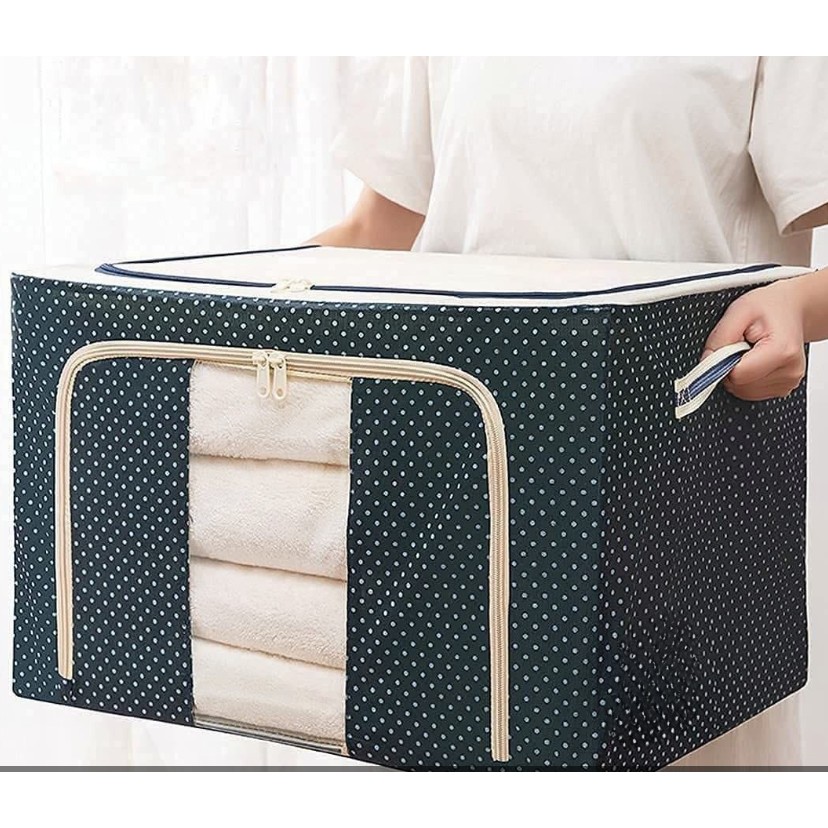 Cutie de Depozitare Pliabila, Cu Fermoar, 66 L, Textil, 50 x 40 x 33 cm, Cadru Metalic, Suport Baza Stabil din Plastic, Imprimeu Buline, Albastru Marin [1]