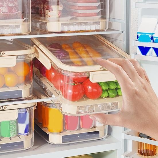 Cutie de Depozitare Portabila, cu Separator pentru Gheata si Scurgere, Mentine Rece, Caserola Pranz, 25x16.5x11.5 cm, Crem/Transparent [4]