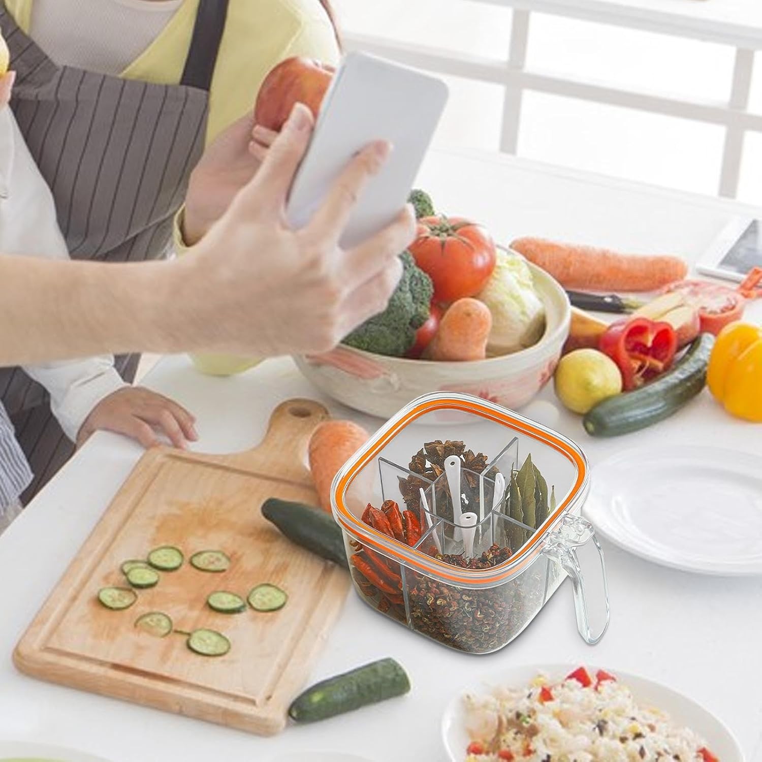 Cutie Depozitare Alimente, din Plastic/Silicon, 20 x 10 x 10 cm, 5 Compartimente, Alb/Portocaliu [1]