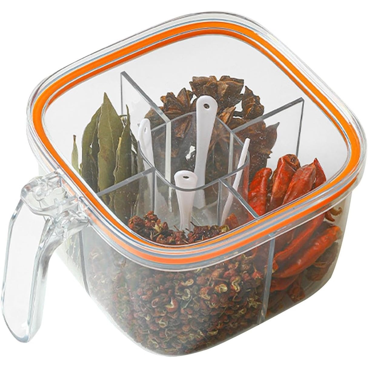 Organizatoare si Depozitare Bucatarie - Cutie Depozitare Alimente, din Plastic/Silicon, 20 x 10 x 10 cm, 5 Compartimente, Alb/Portocaliu